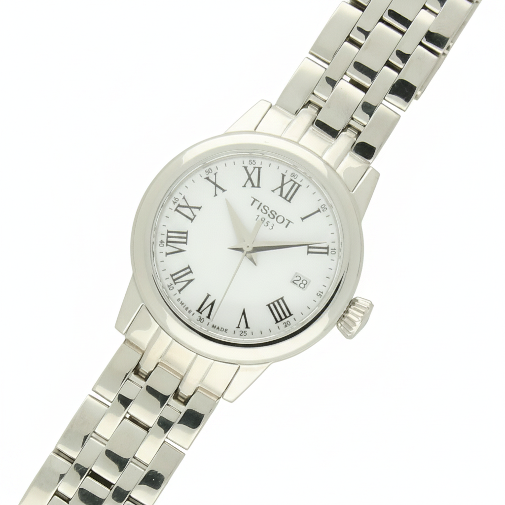 Tissot Classic Dream with steel bracelet and white dial on a white background.