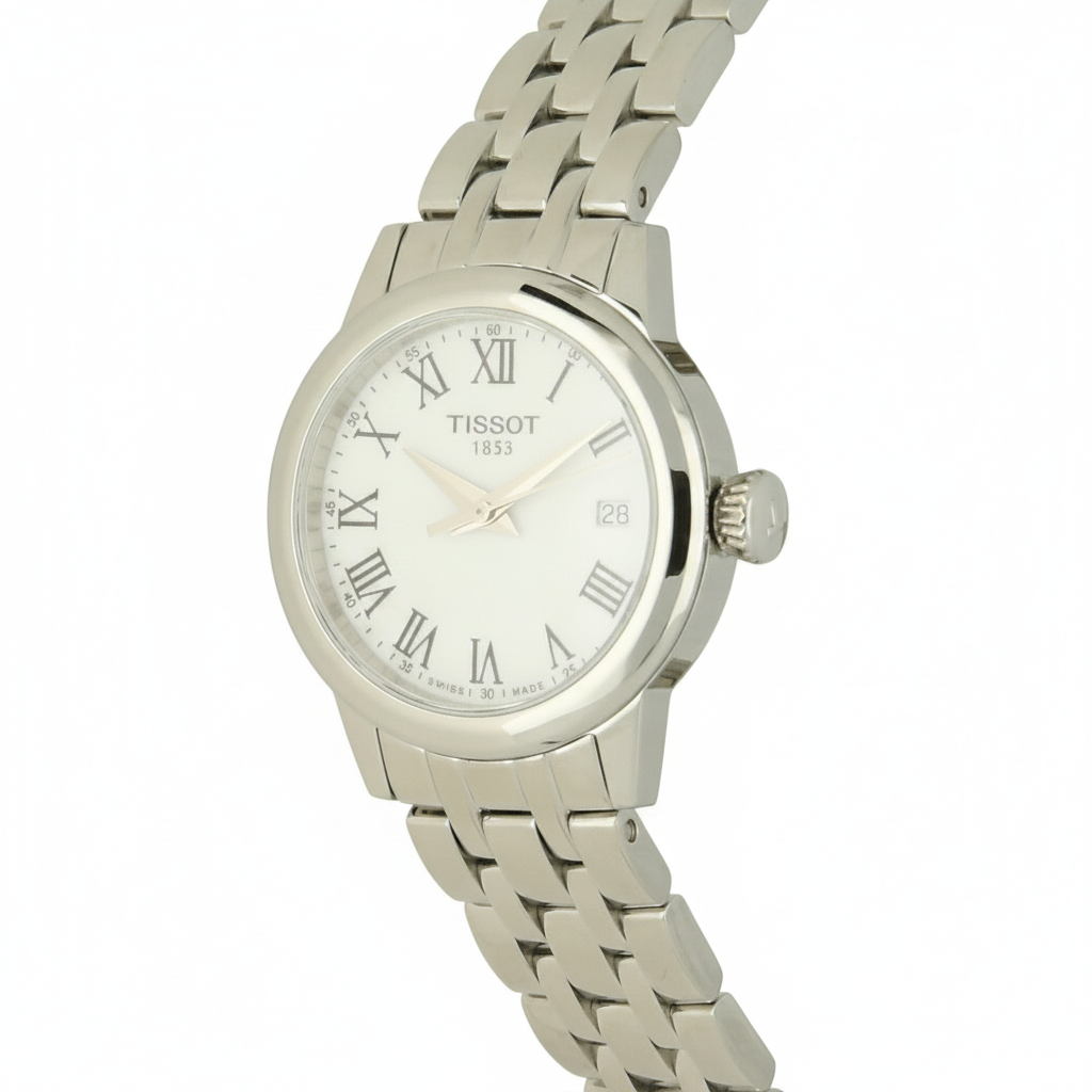 Tissot Classic Dream with steel bracelet and white dial on a white background.