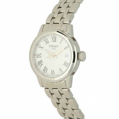 Tissot Classic Dream with steel bracelet and white dial on a white background.