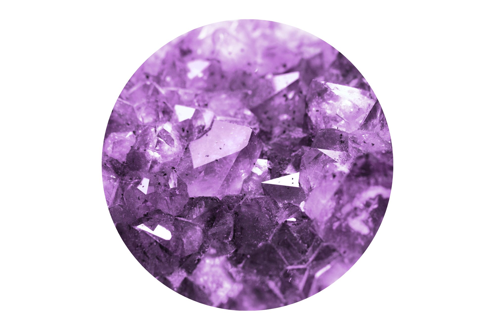 Close-up of purple amethyst gemstones on a white background.