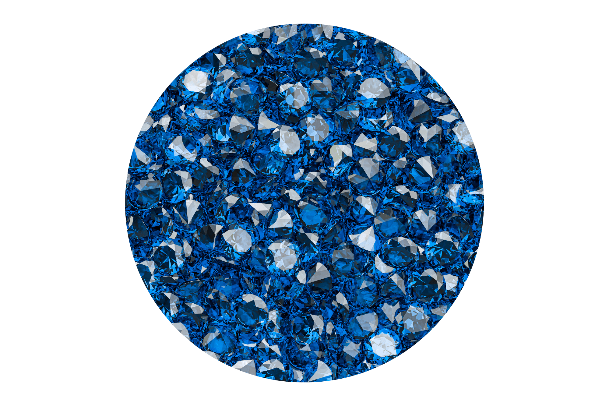 Close-up of blue sapphire gemstones on a white background.