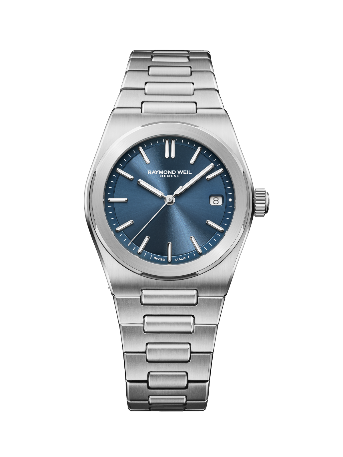 Raymond Weil A.R.T with steel bracelet and blue dial on a white background.