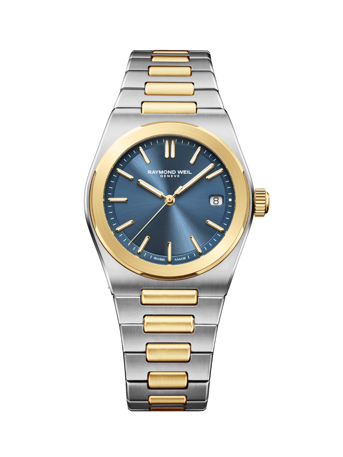 Raymond Weil A.R.T Date with steel & yellow-gold PVD bracelet & blue dial on a white background.