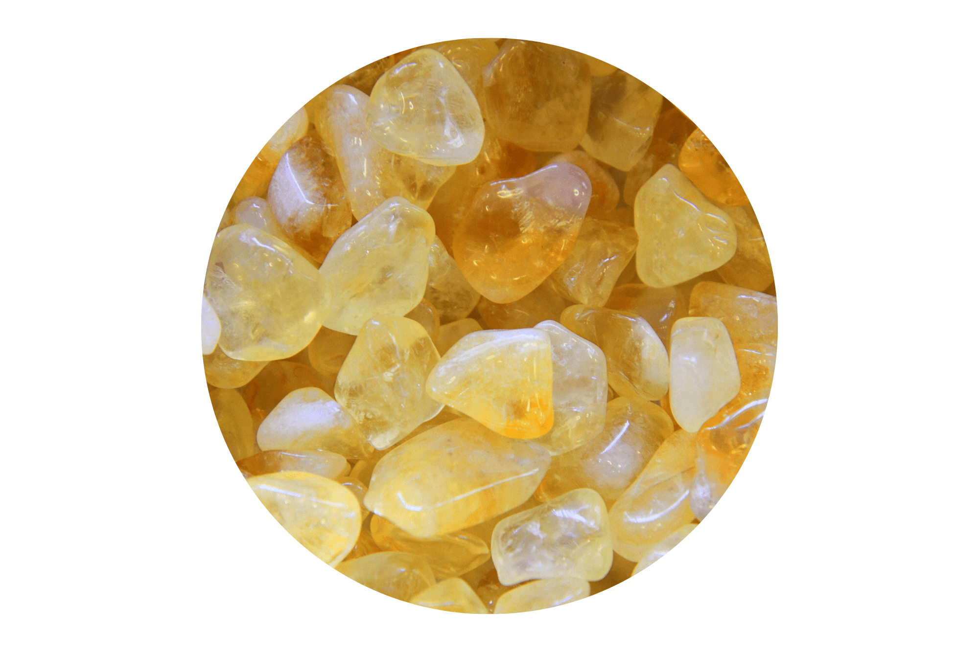 Close-up of yellow citrine gemstones on a white background.
