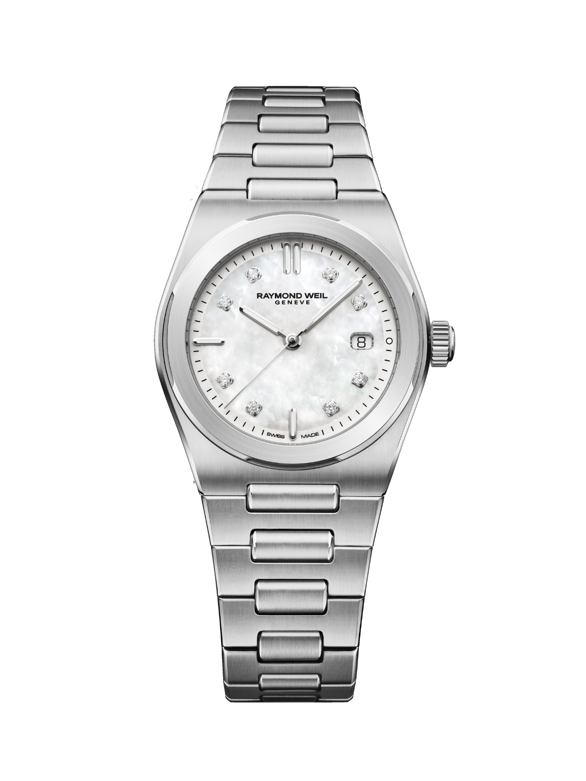 Raymond Weil A.R.T with steel bracelet and mother-of-pearl dial on a white background.