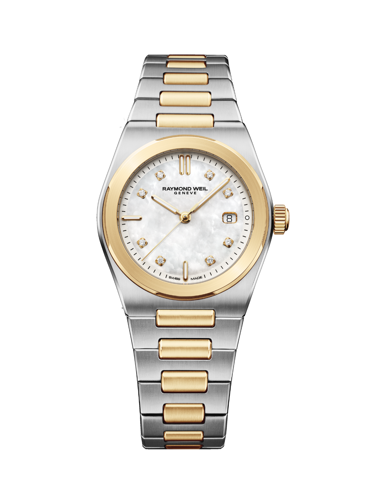 Raymond Weil A.R.T with steel & yellow-gold PVD bracelet and white mother of pearl dial on a white background.