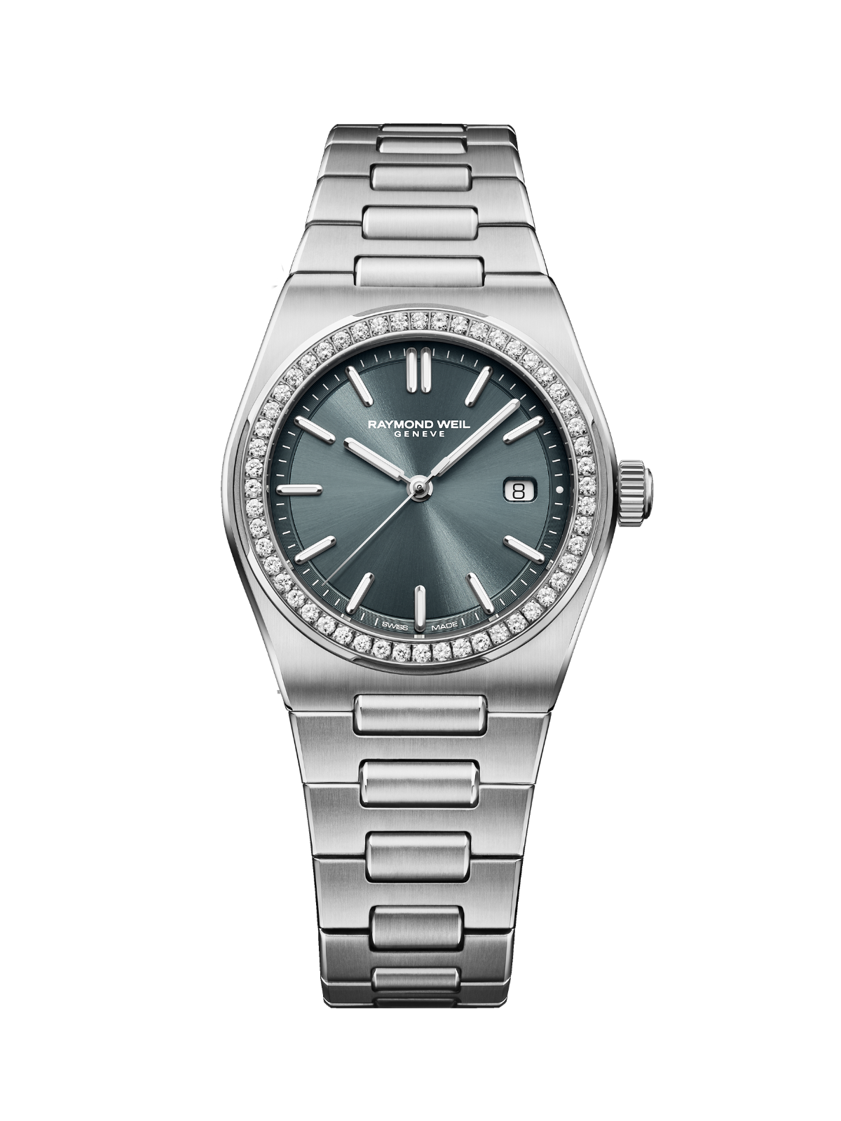 Raymond Weil A.R.T Date with lab grown diamond bezel, steel bracelet and blue dial on a white background.