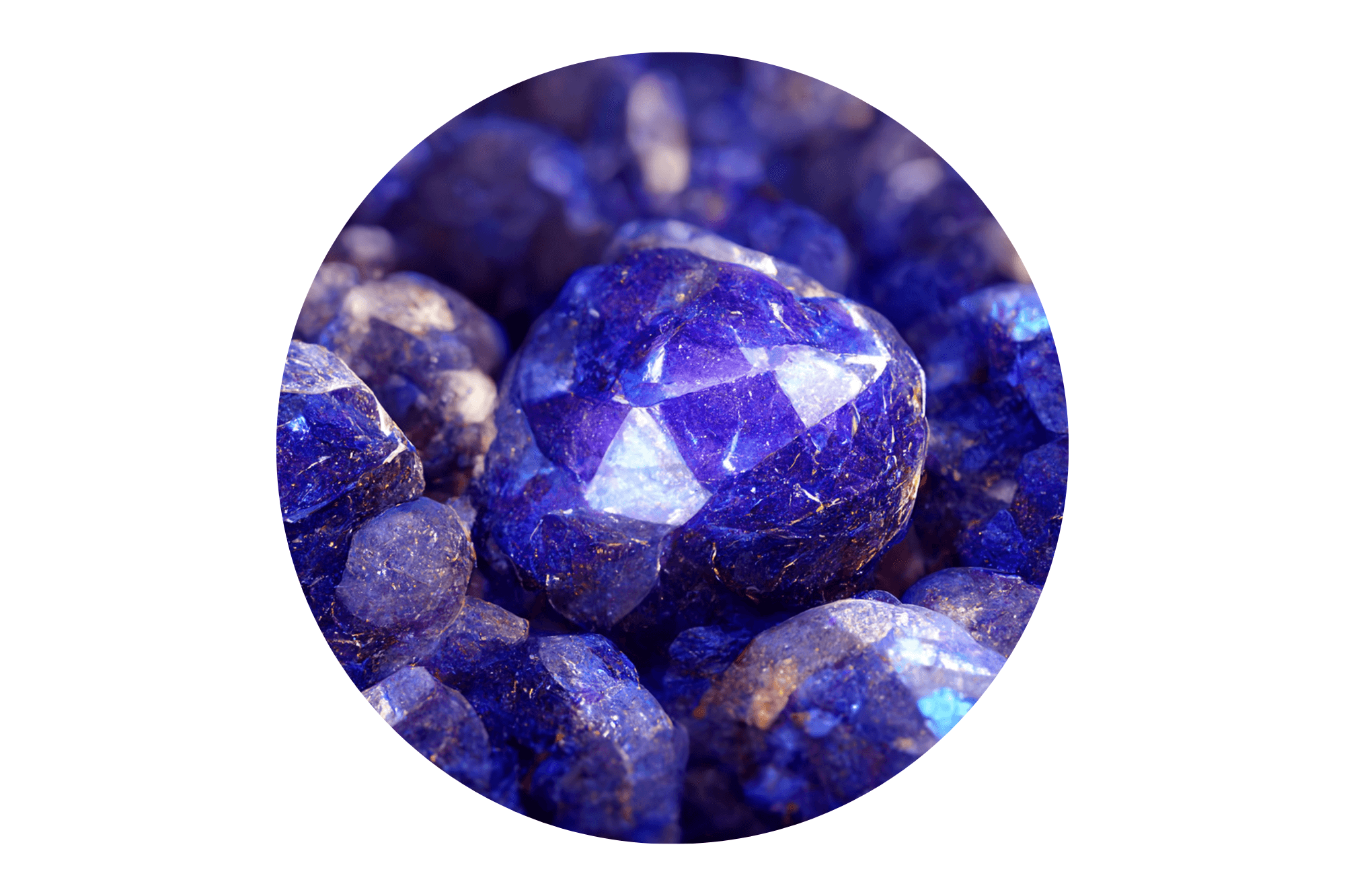 Close-up of blue tanzanite gemstones on a white background.