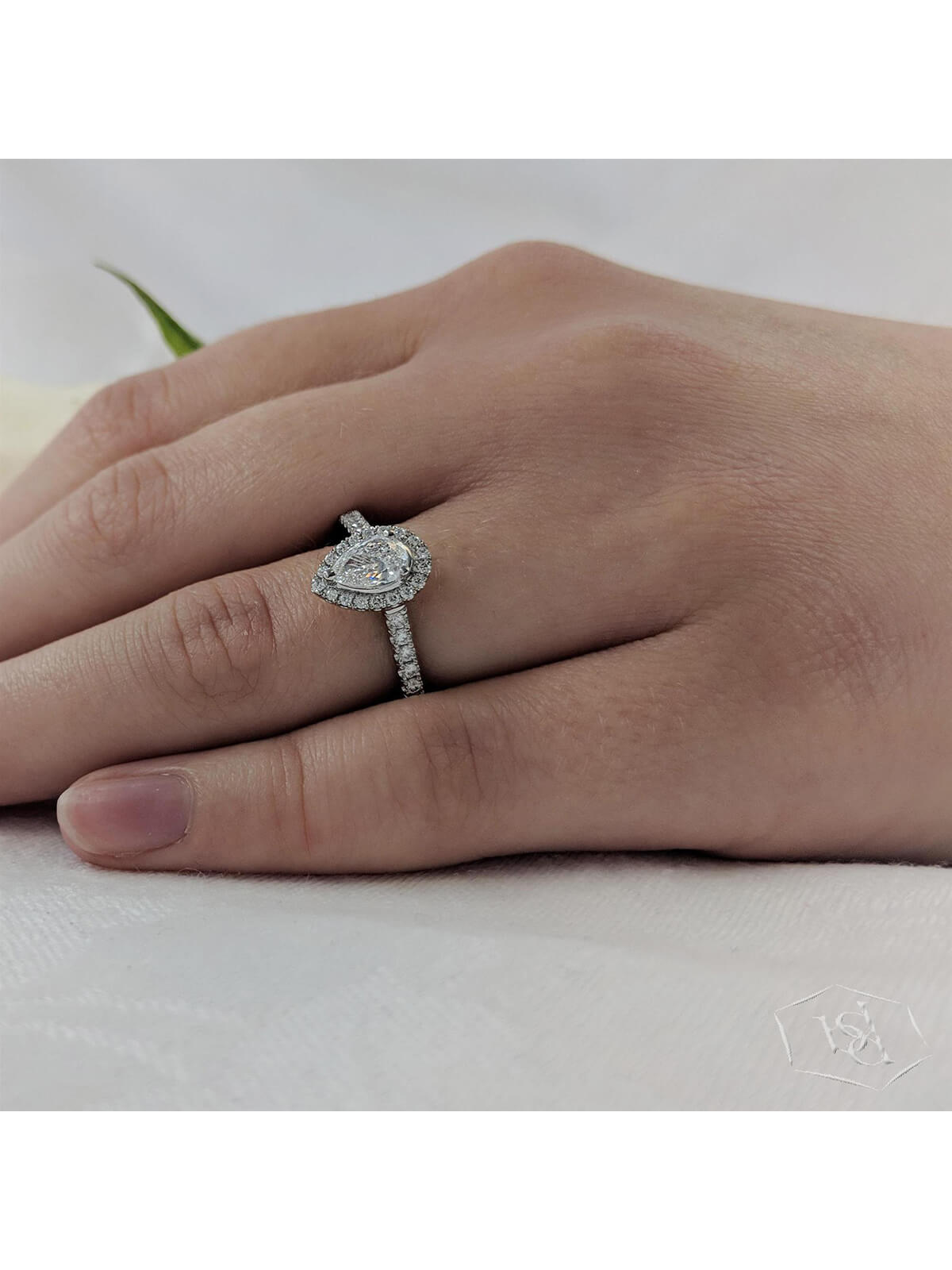 Skye Pear Diamond Halo Ring in Platinum with Diamond Set Shoulders