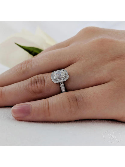 Skye Emerald 0.50ct Emerald Cut Diamond Halo Ring in Platinum with Diamond Shoulders