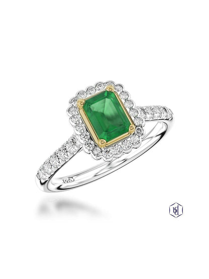Faroe Emerald 0.80ct Emerald & Diamond Cluster Ring in Platinum with Diamond Set Shoulders