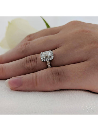 Skye Emerald Diamond Halo Ring in 18ct Yellow Gold & Platinum with Diamond Set Shoulders