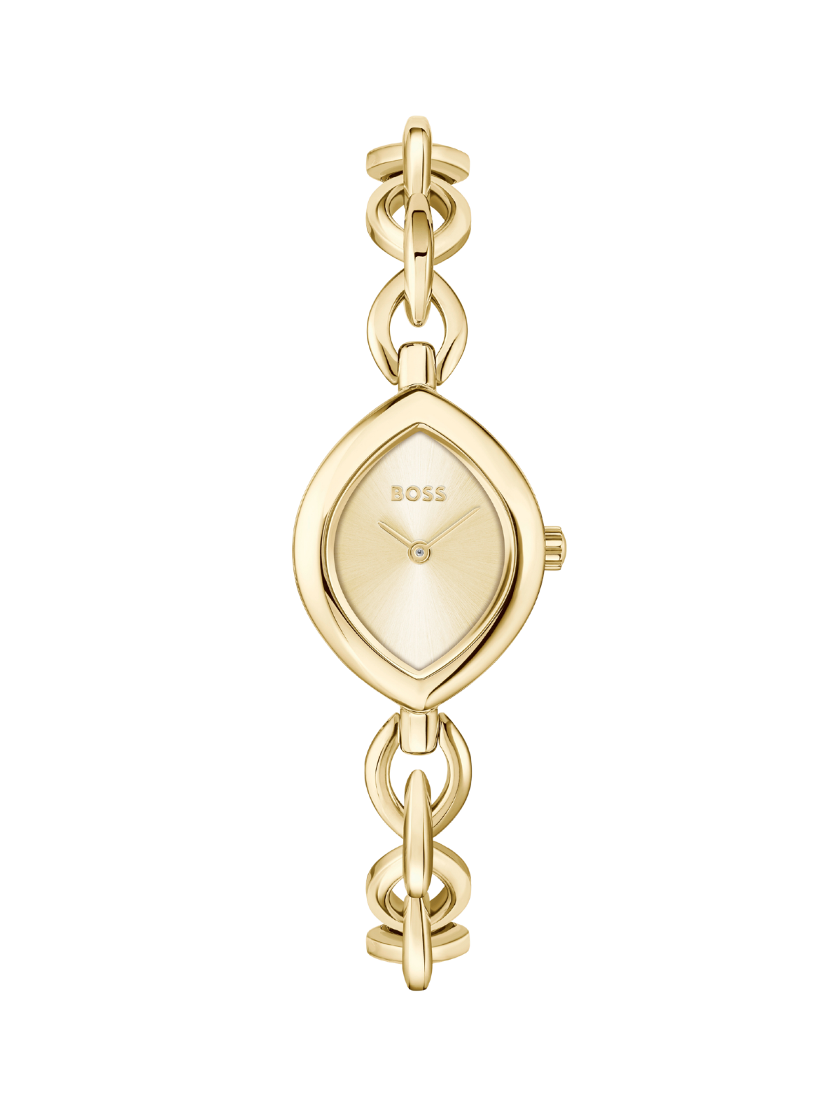 BOSS gold-tone watch on bracelet with gold dial on a white background.