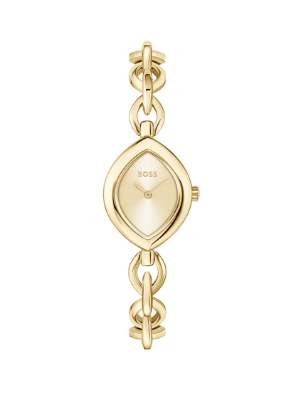 BOSS gold-tone watch on bracelet with gold dial on a white background.
