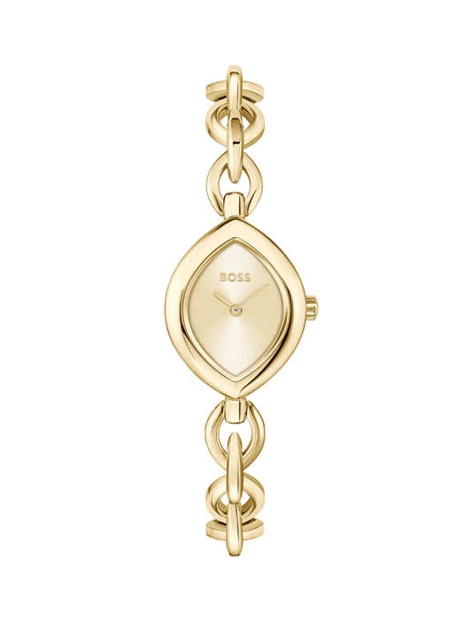 BOSS gold-tone watch on bracelet with gold dial on a white background.
