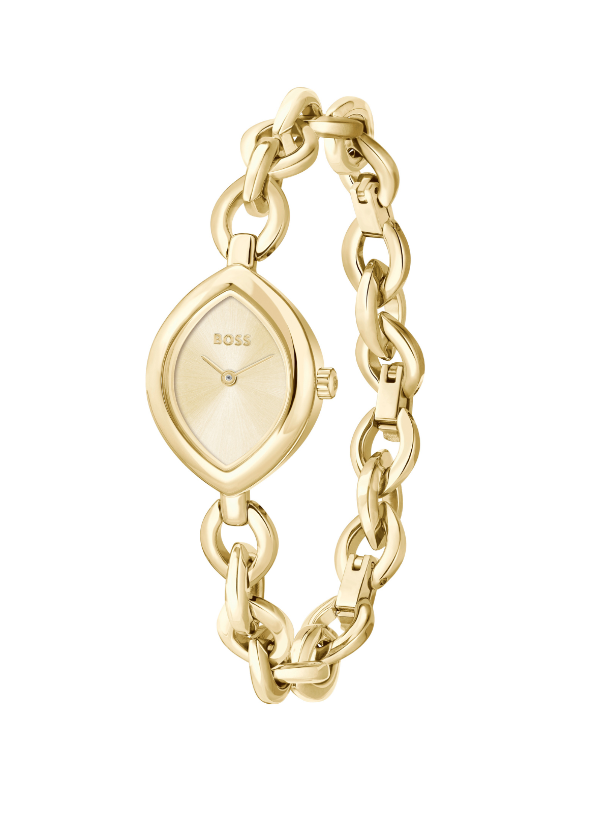 BOSS gold-tone watch on bracelet with gold dial on a white background.