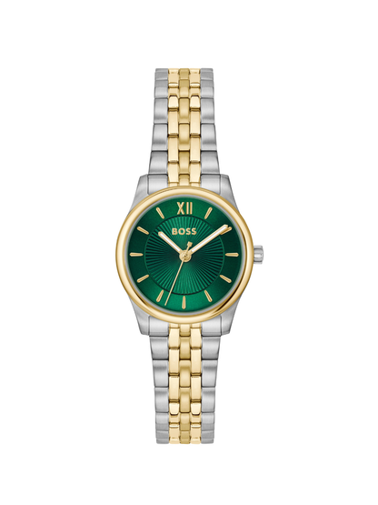 BOSS Graceful Mina watch with a steel and gold-tone bracelet and green dial, on a white background.