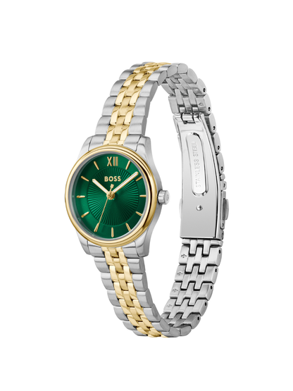 BOSS Graceful Mina watch with a steel and gold-tone bracelet and green dial, on a white background.