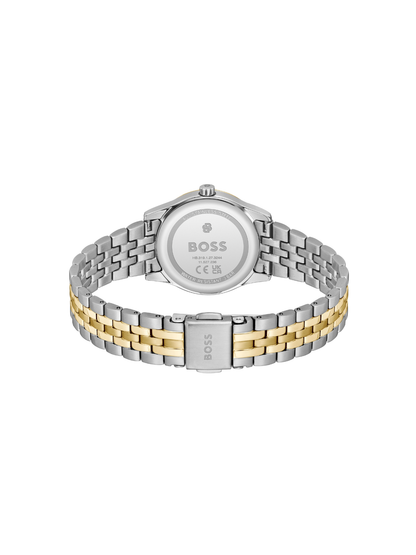 BOSS Graceful Mina watch with a steel and gold-tone bracelet and green dial, on a white background.