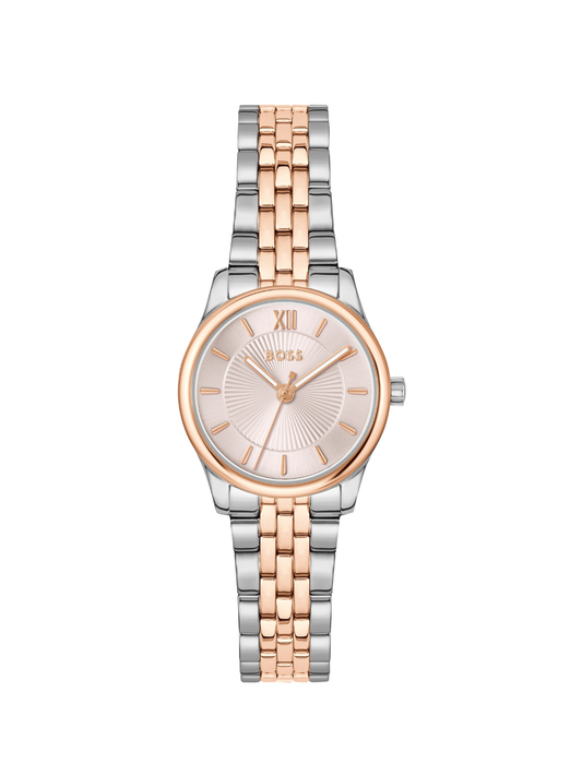BOSS Graceful Mina watch with a steel and rose gold-tone bracelet and pink dial, on a white background.