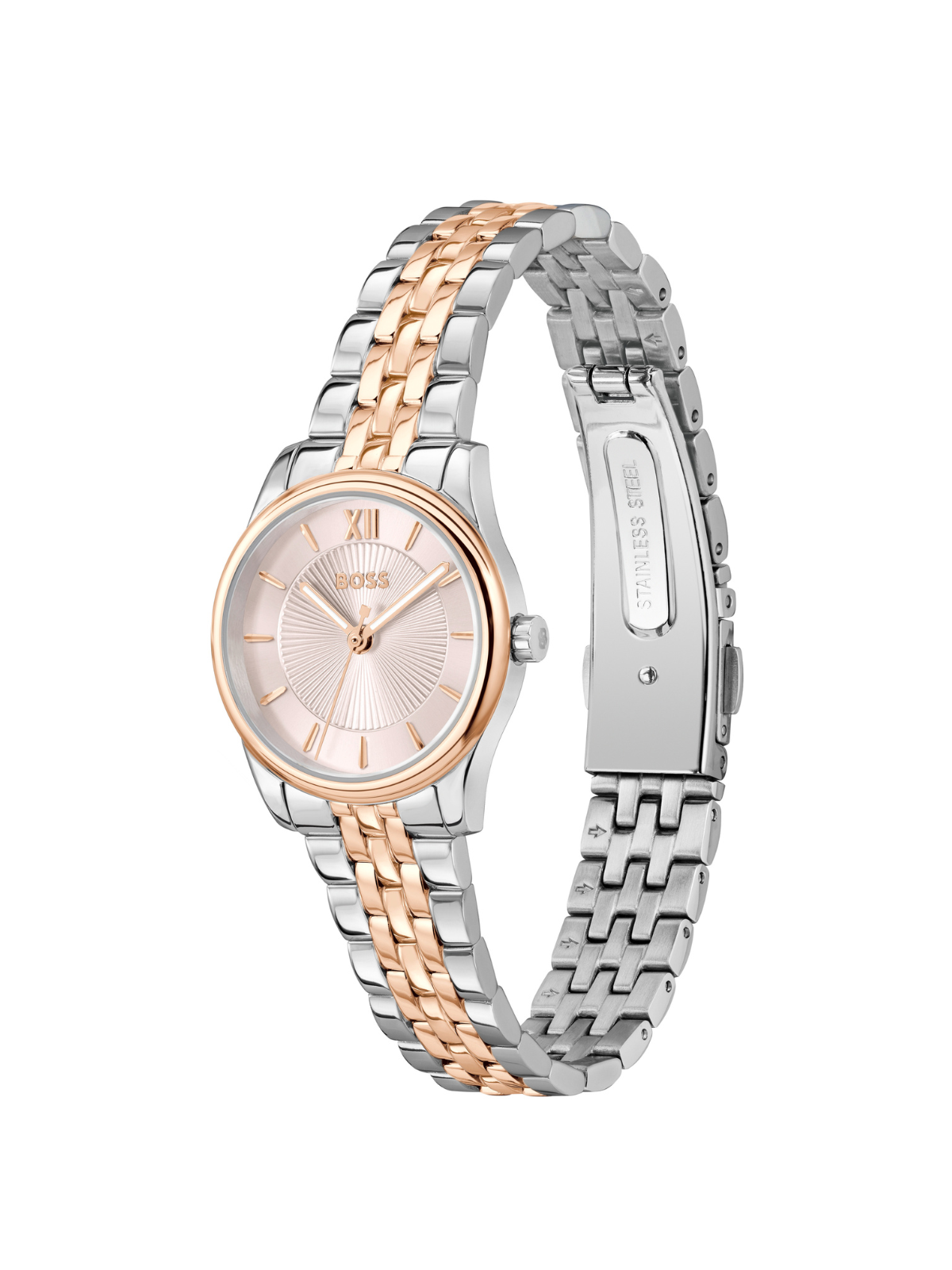 BOSS Graceful Mina watch with a steel and rose gold-tone bracelet and pink dial, on a white background.