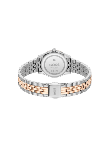 BOSS Graceful Mina watch with a steel and rose gold-tone bracelet and pink dial, on a white background.