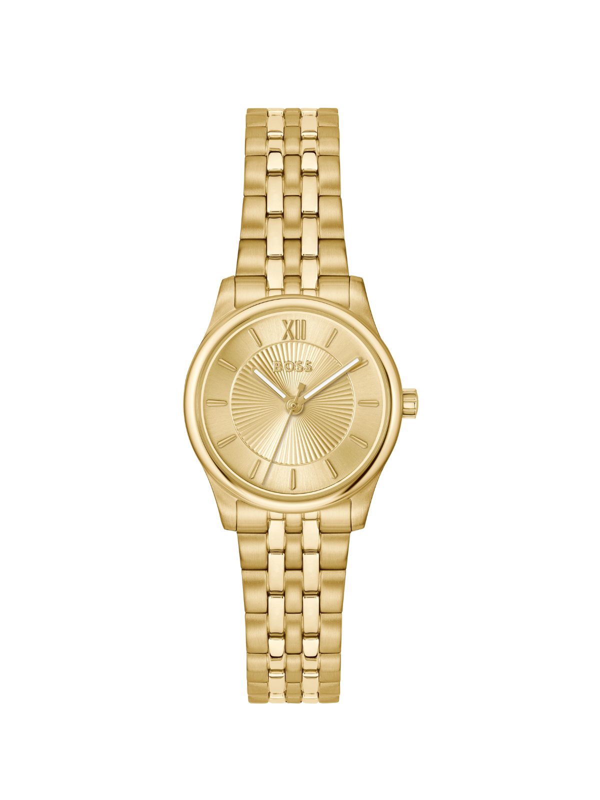 BOSS Graceful Mina watch with a gold-tone bracelet and dial on a white background.