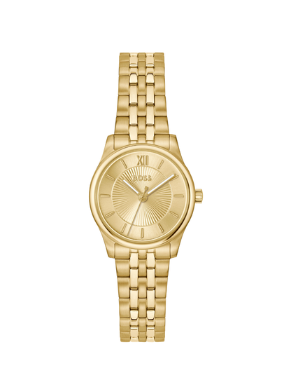 BOSS Graceful Mina watch with a gold-tone bracelet and dial on a white background.