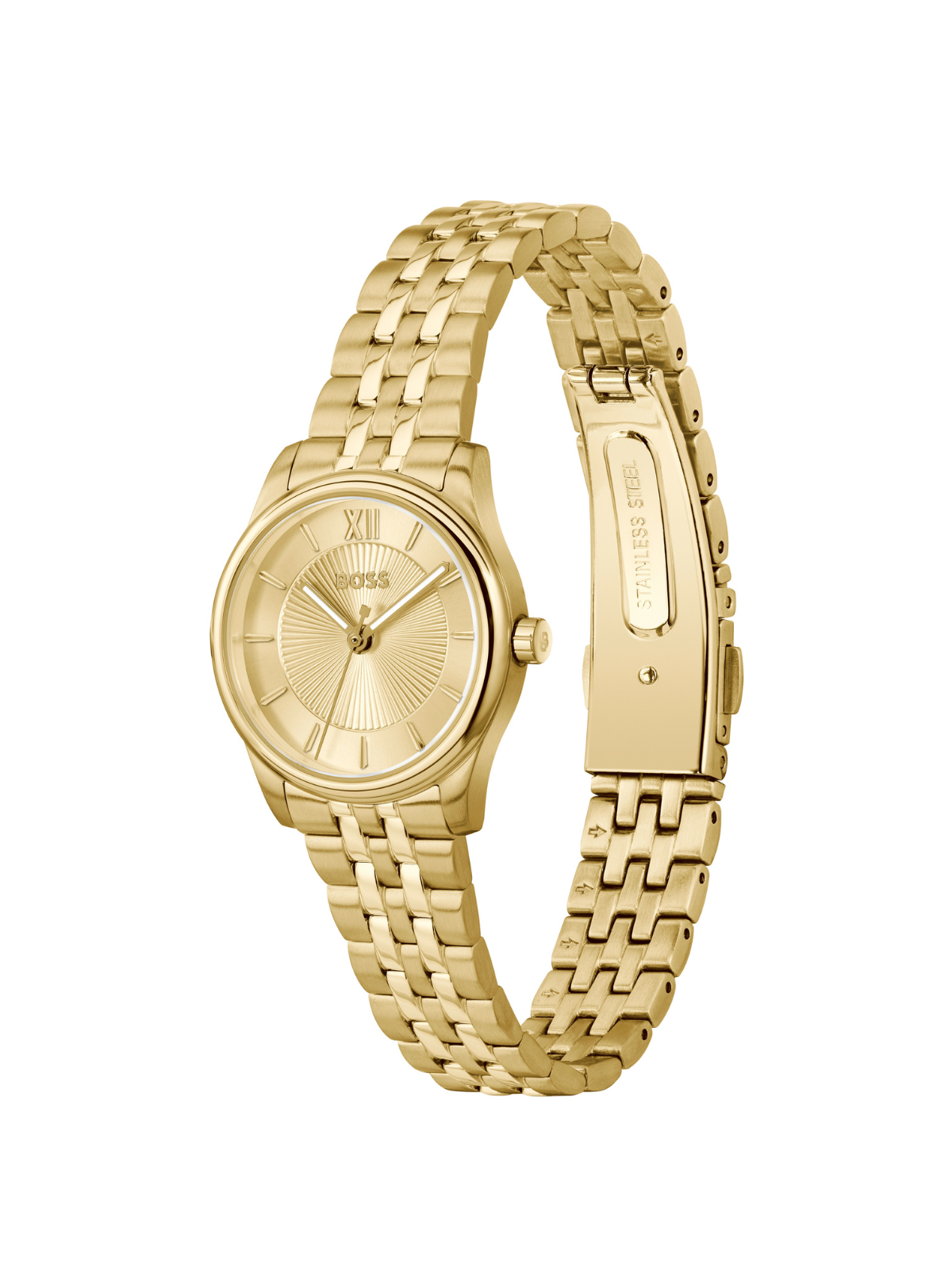 BOSS Graceful Mina watch with a gold-tone bracelet and dial on a white background.
