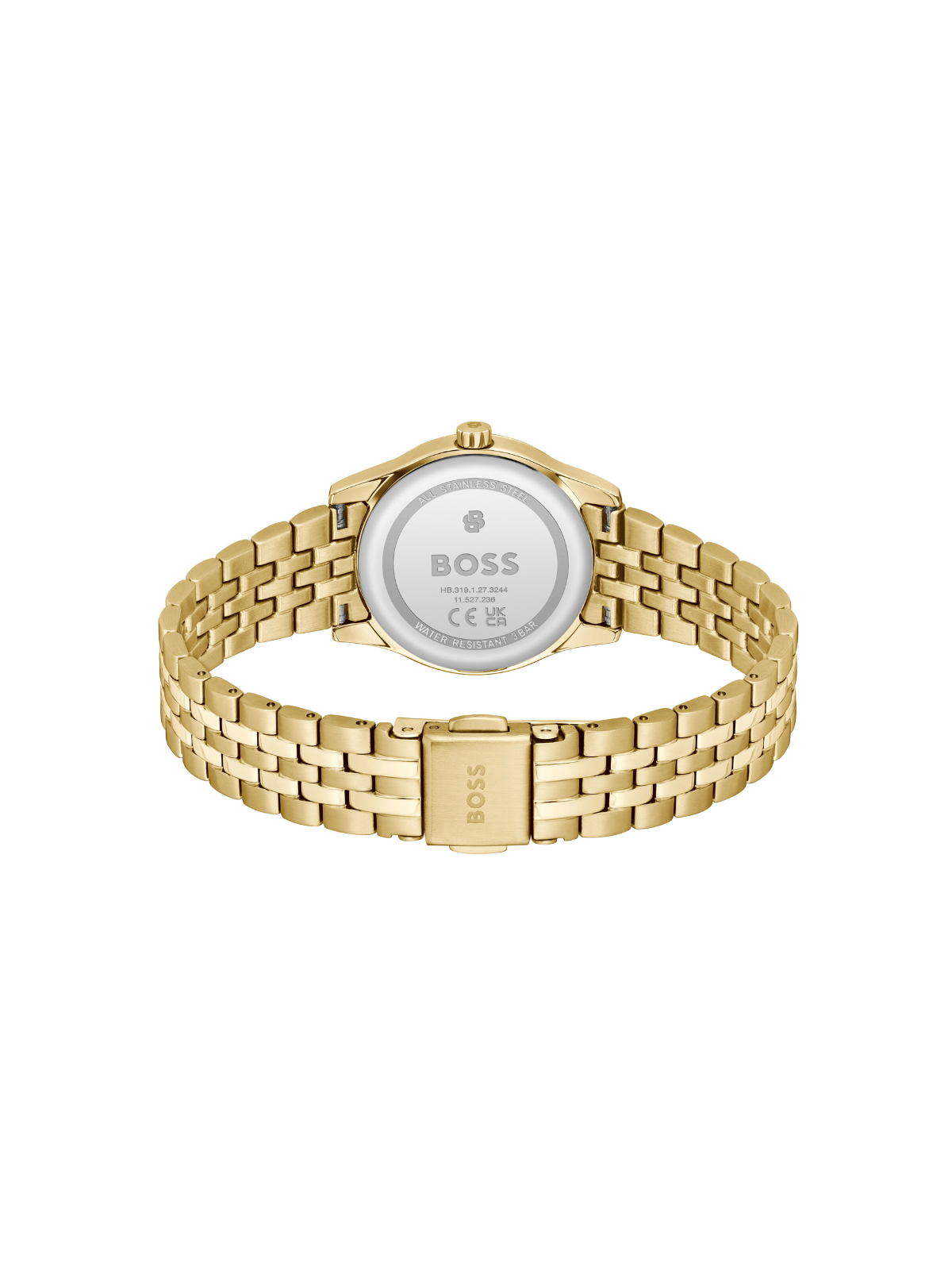 BOSS Graceful Mina watch with a gold-tone bracelet and dial on a white background.