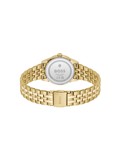 BOSS Graceful Mina watch with a gold-tone bracelet and dial on a white background.