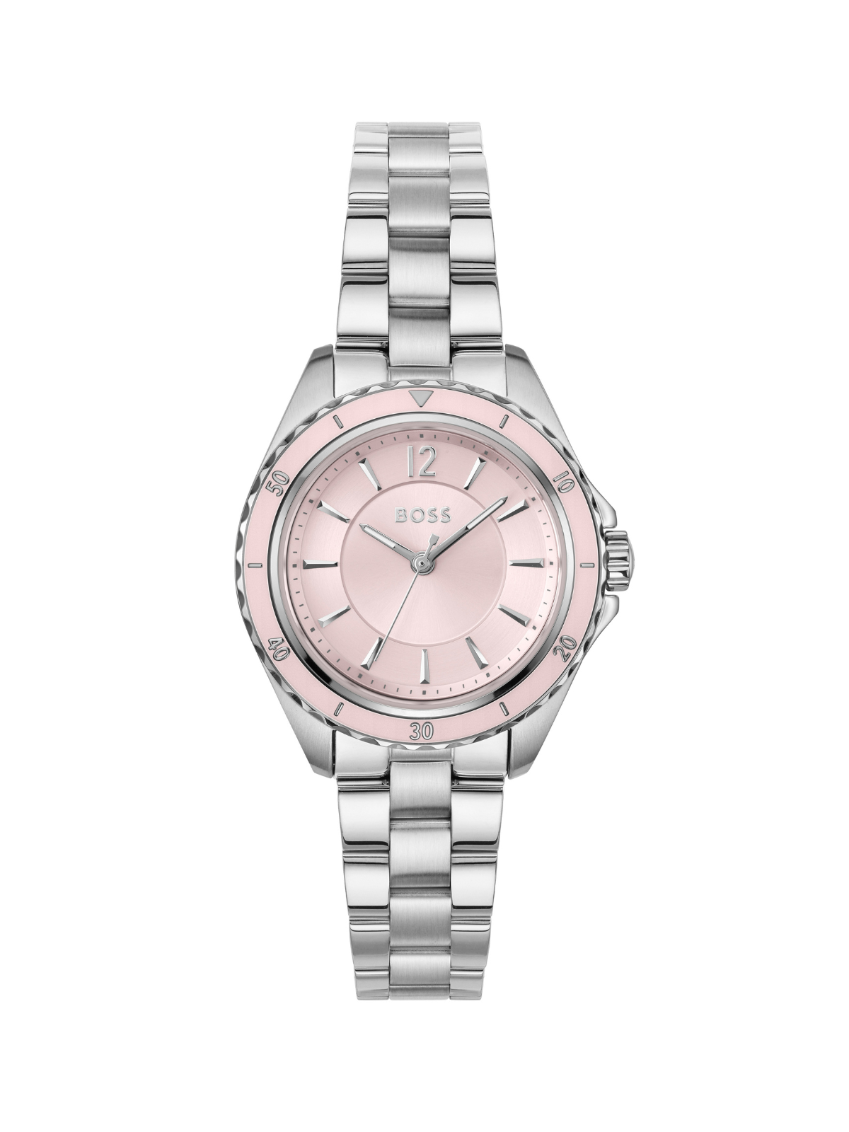BOSS Sage Aqua watch on a steel bracelet with pink dial, on a white background.
