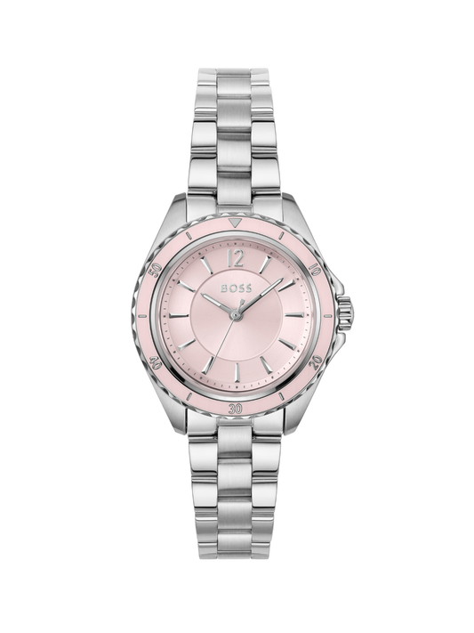 BOSS Sage Aqua watch on a steel bracelet with pink dial, on a white background.