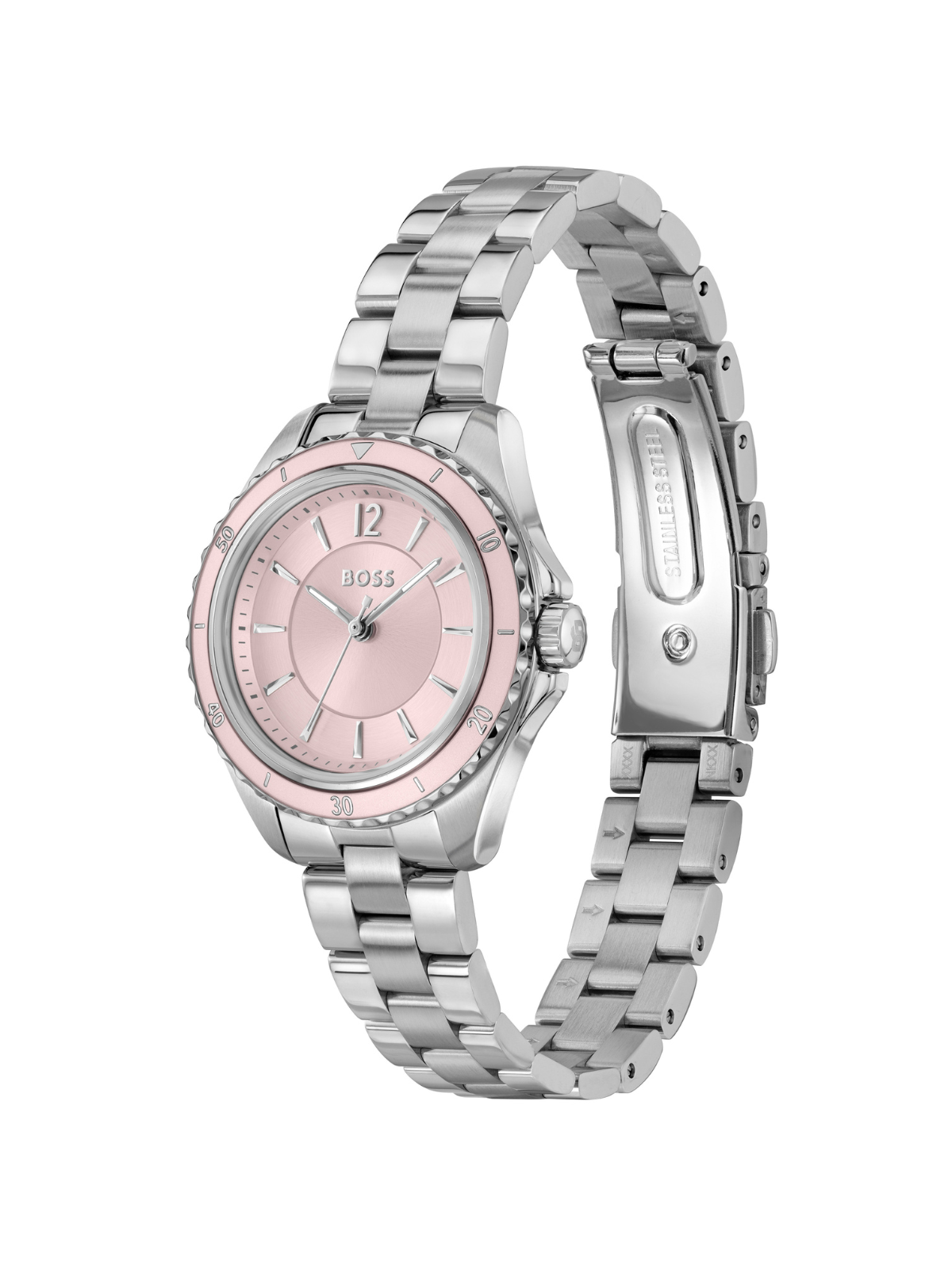 BOSS Sage Aqua watch on a steel bracelet with pink dial, on a white background.