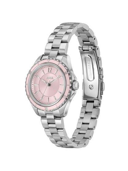 BOSS Sage Aqua watch on a steel bracelet with pink dial, on a white background.