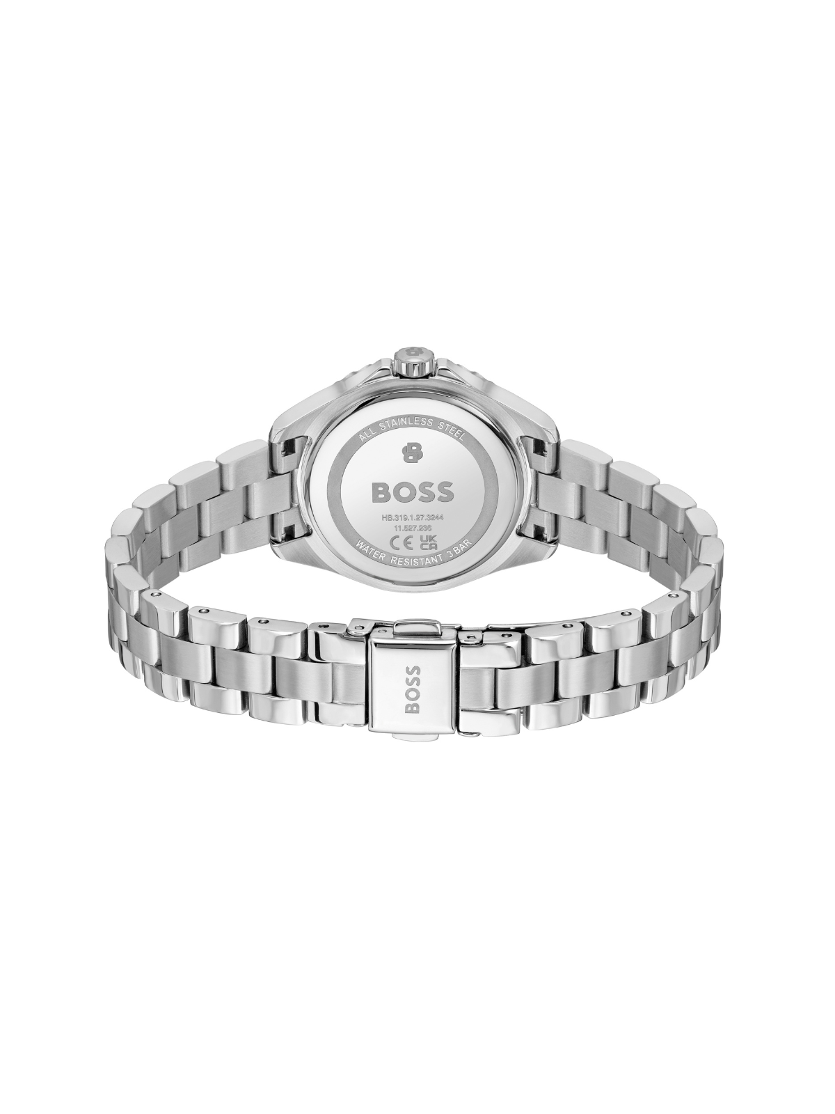 BOSS Sage Aqua watch on a steel bracelet with pink dial, on a white background.