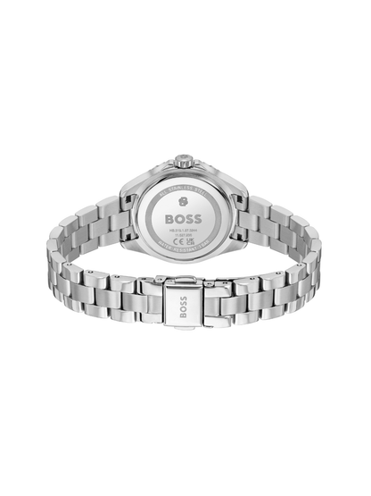 BOSS Sage Aqua watch on a steel bracelet with pink dial, on a white background.