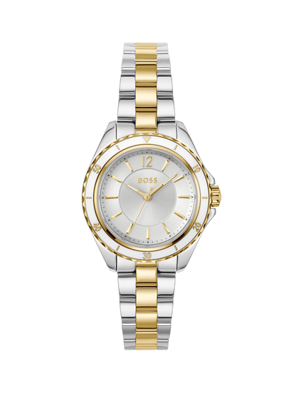 BOSS Sage Aqua steel and yellow gold-tone watch on bracelet with white dial, on a white background.