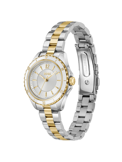 BOSS Sage Aqua steel and yellow gold-tone watch on bracelet with white dial, on a white background.