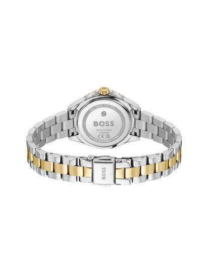 BOSS Sage Aqua steel and yellow gold-tone watch on bracelet with white dial, on a white background.