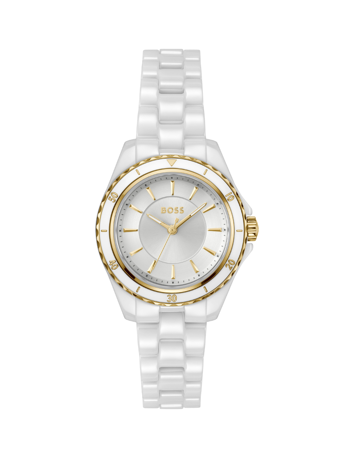 BOSS Sage Aqua white ceramic watch on bracelet with a white dial, on a white background.