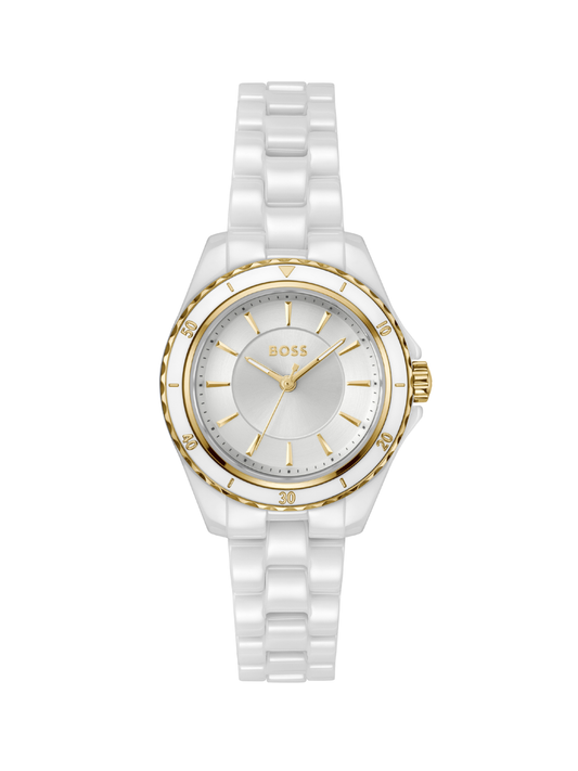 BOSS Sage Aqua white ceramic watch on bracelet with a white dial, on a white background.