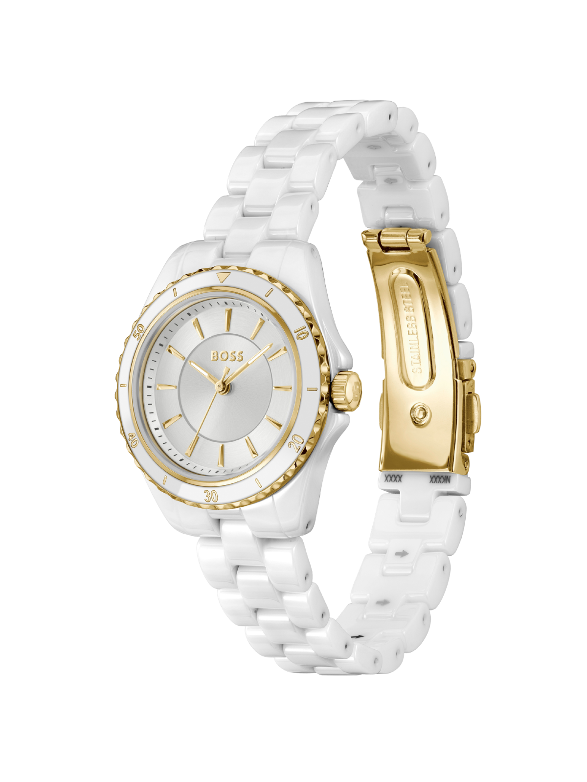 BOSS Sage Aqua white ceramic watch on bracelet with a white dial, on a white background.