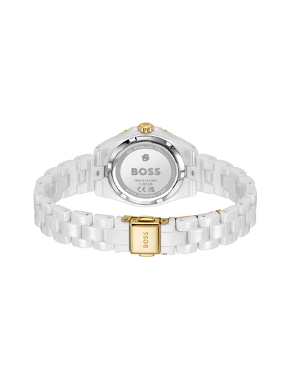 BOSS Sage Aqua white ceramic watch on bracelet with a white dial, on a white background.