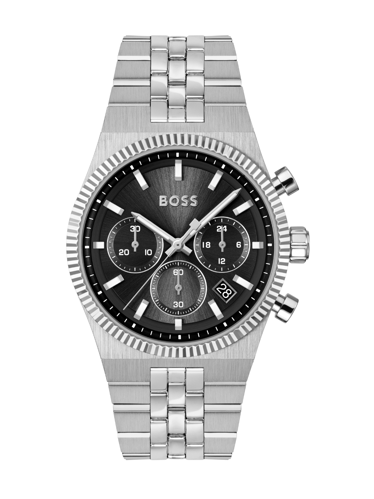 BOSS Candor Prime Chronograph watch with a steel bracelet and black dial on a white background.