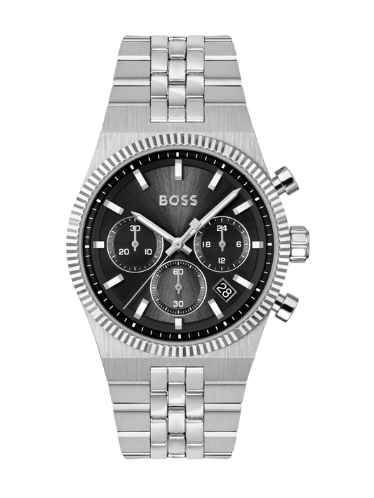 BOSS Candor Prime Chronograph watch with a steel bracelet and black dial on a white background.