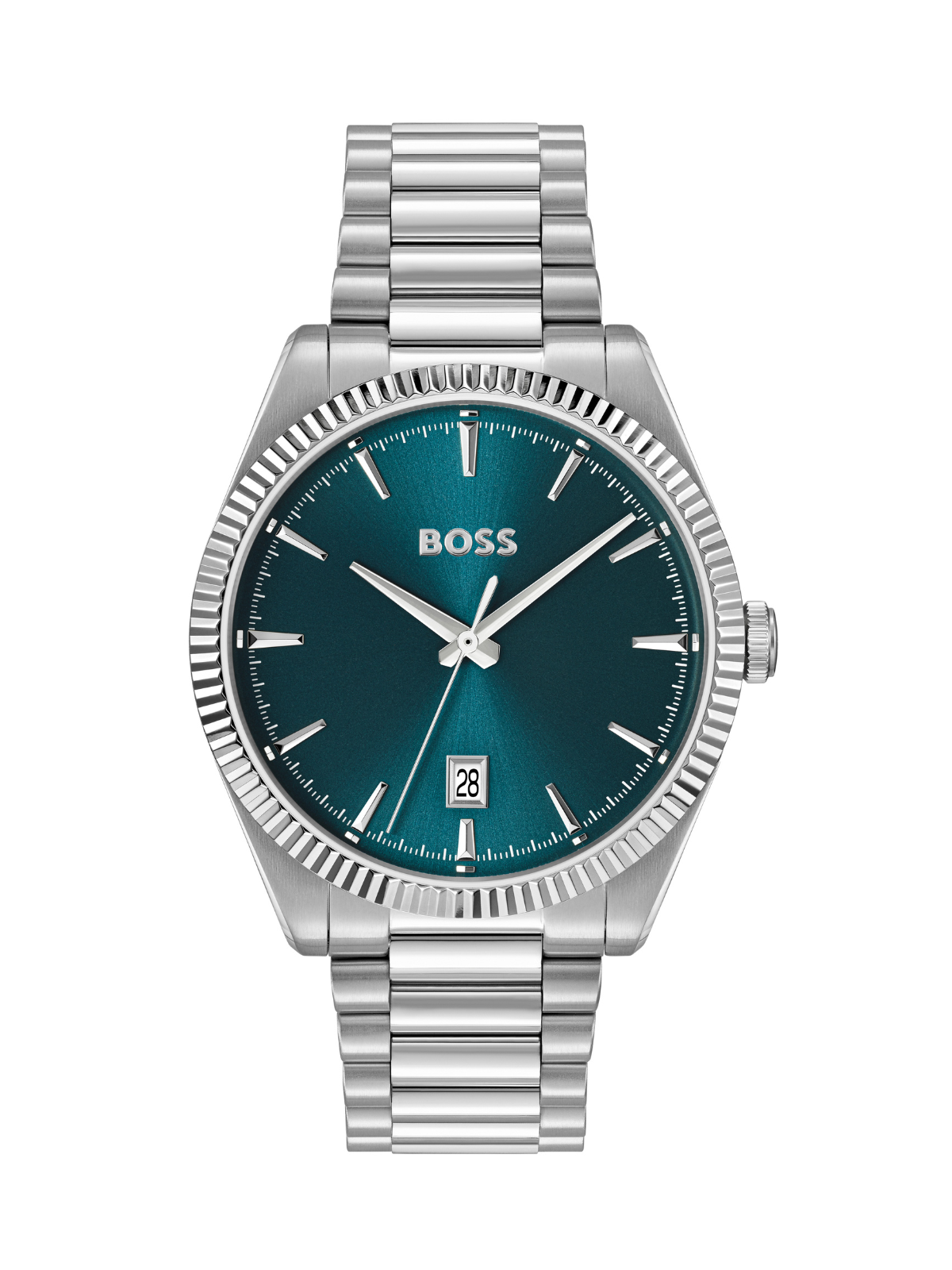 BOSS Cheswick watch with a steel bracelet and blue dial on a white background.