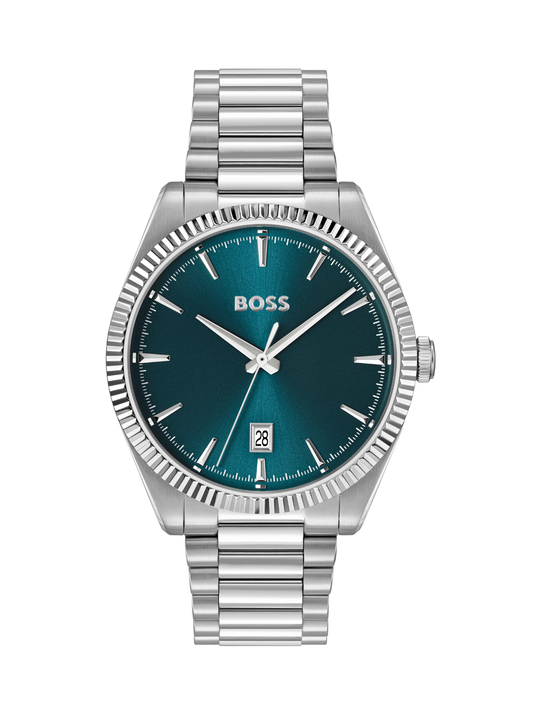 BOSS Cheswick watch with a steel bracelet and blue dial on a white background.