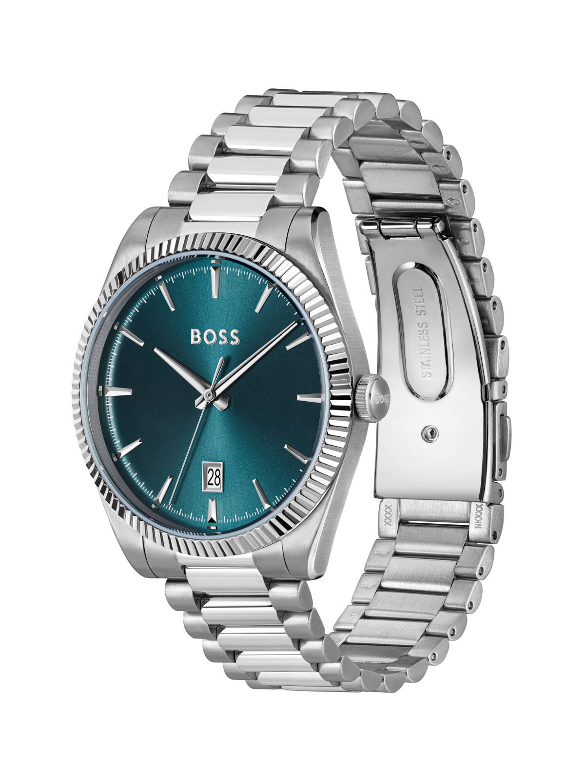 BOSS Cheswick watch with a steel bracelet and blue dial on a white background.