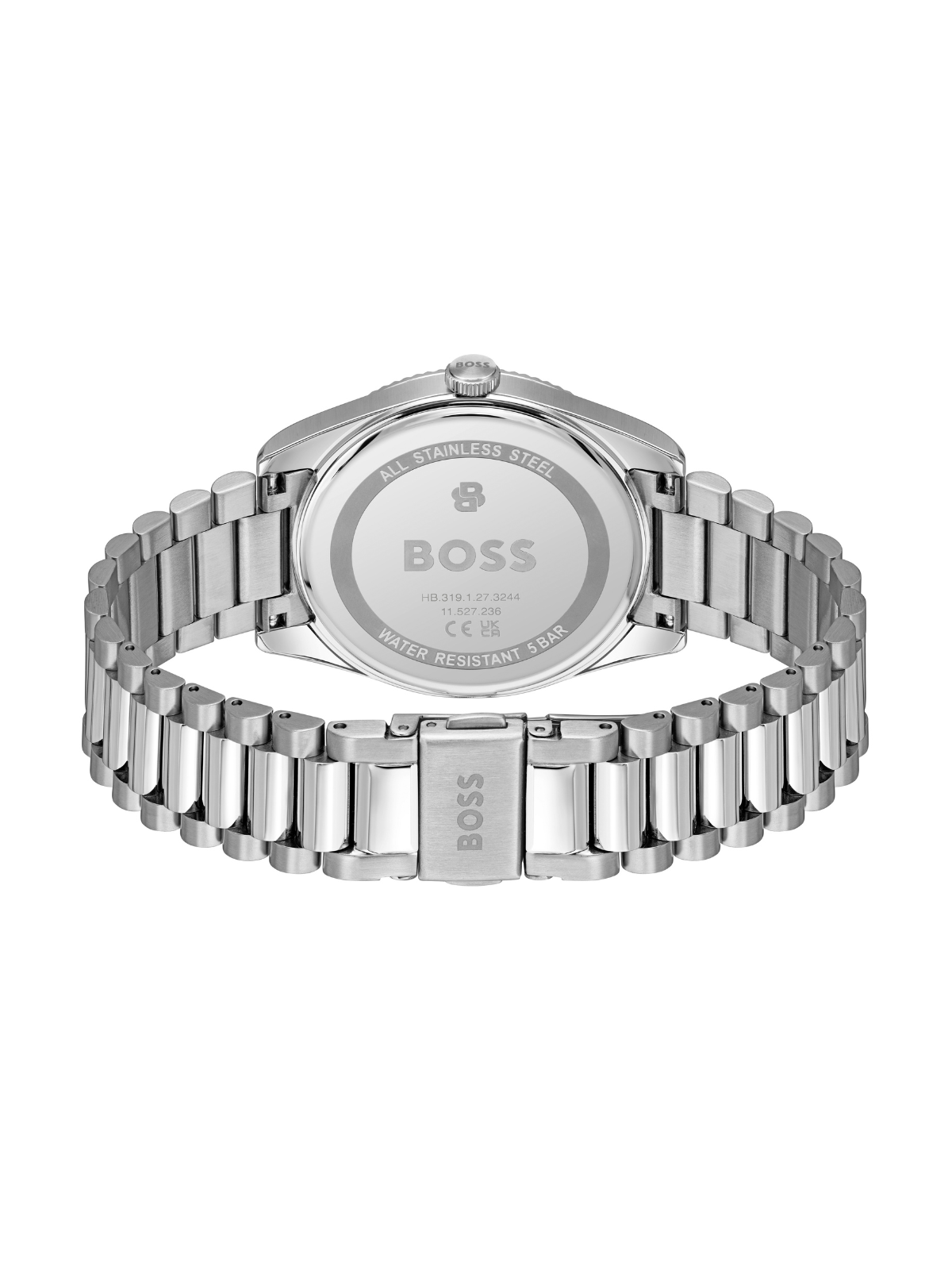 BOSS Cheswick watch with a steel bracelet and blue dial on a white background.